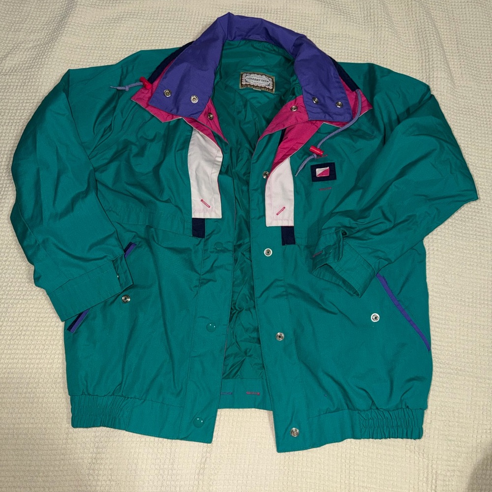 Vintage 90s Ski Jacket Womens M Teal Purple Pink Colorblock Retro Snow Coat